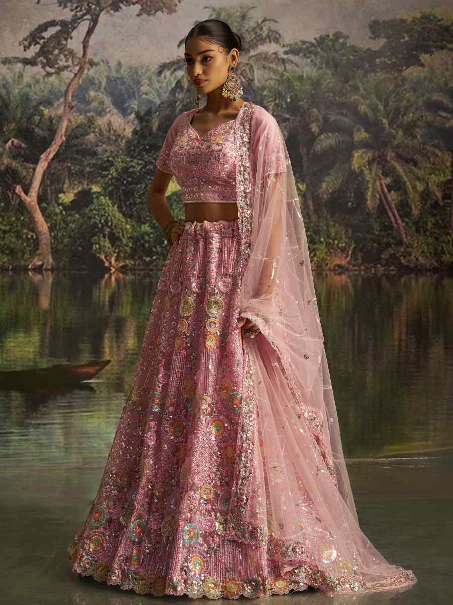 Pink Soft Net Embroidered Festival Wedding Party Reception Heavy Border Lehenga Choli