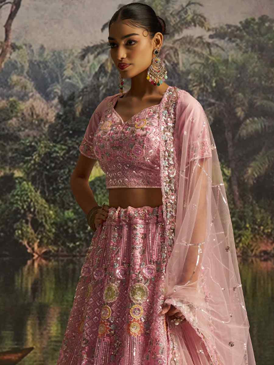 Pink Soft Net Embroidered Festival Wedding Party Reception Heavy Border Lehenga Choli