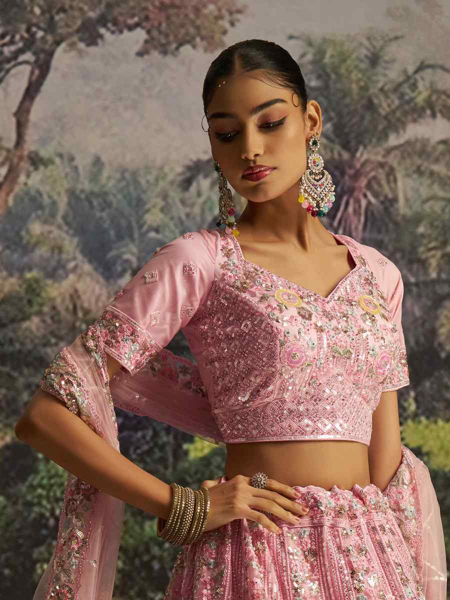 Pink Soft Net Embroidered Festival Wedding Party Reception Heavy Border Lehenga Choli