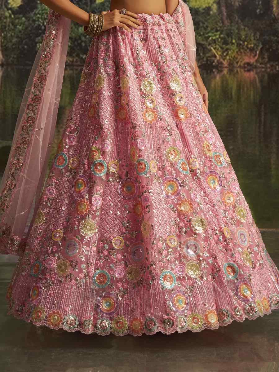 Pink Soft Net Embroidered Festival Wedding Party Reception Heavy Border Lehenga Choli