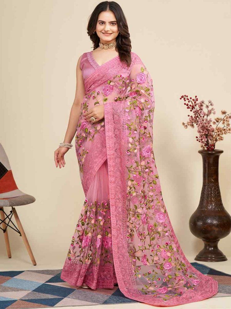 Pink Soft Net Embroidered Party Festival Classic Style Saree