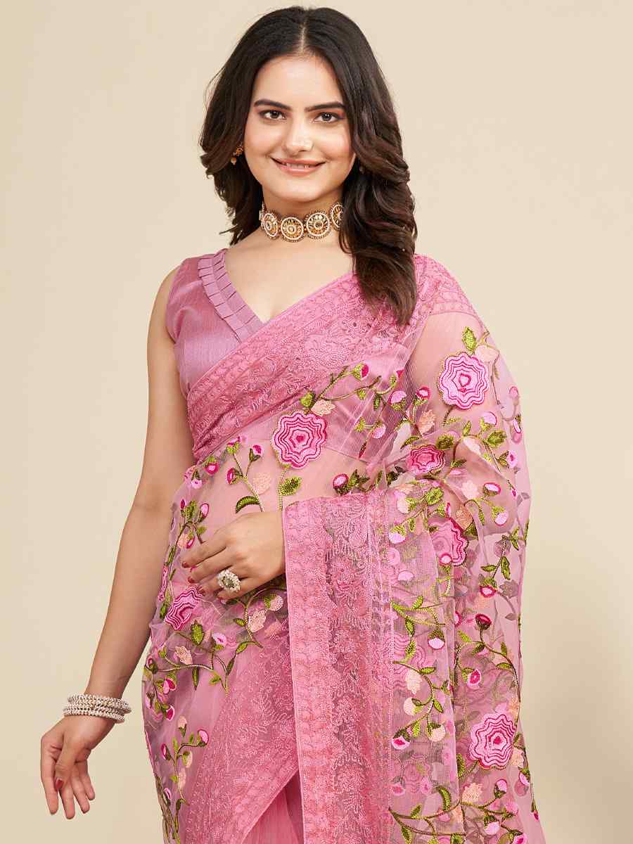 Pink Soft Net Embroidered Party Festival Classic Style Saree
