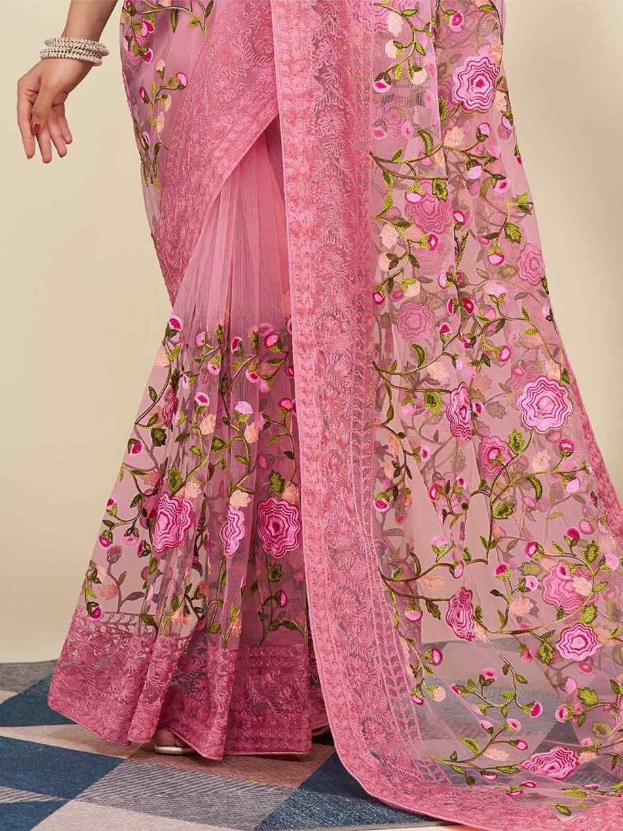 Pink Soft Net Embroidered Party Festival Classic Style Saree