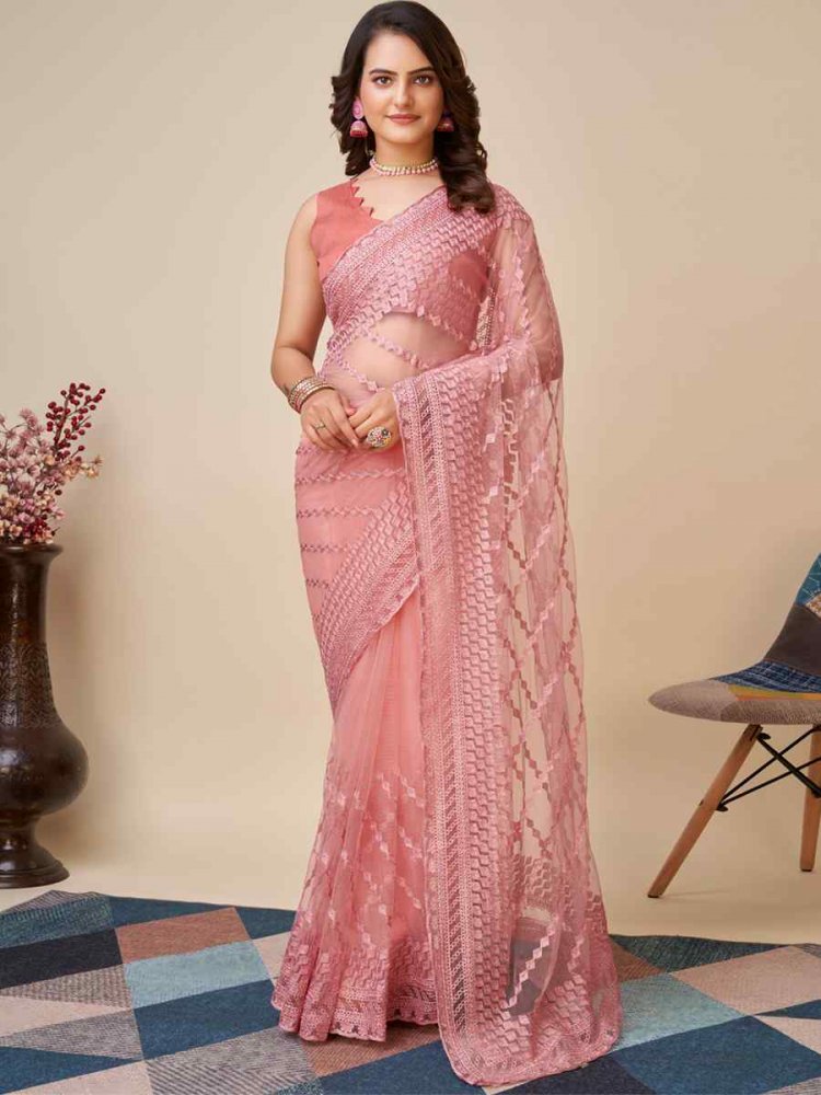 Pink Soft Net Embroidered Party Festival Heavy Border Saree