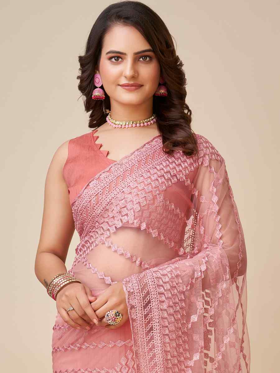 Pink Soft Net Embroidered Party Festival Heavy Border Saree