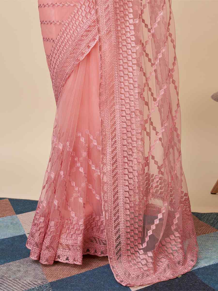 Pink Soft Net Embroidered Party Festival Heavy Border Saree