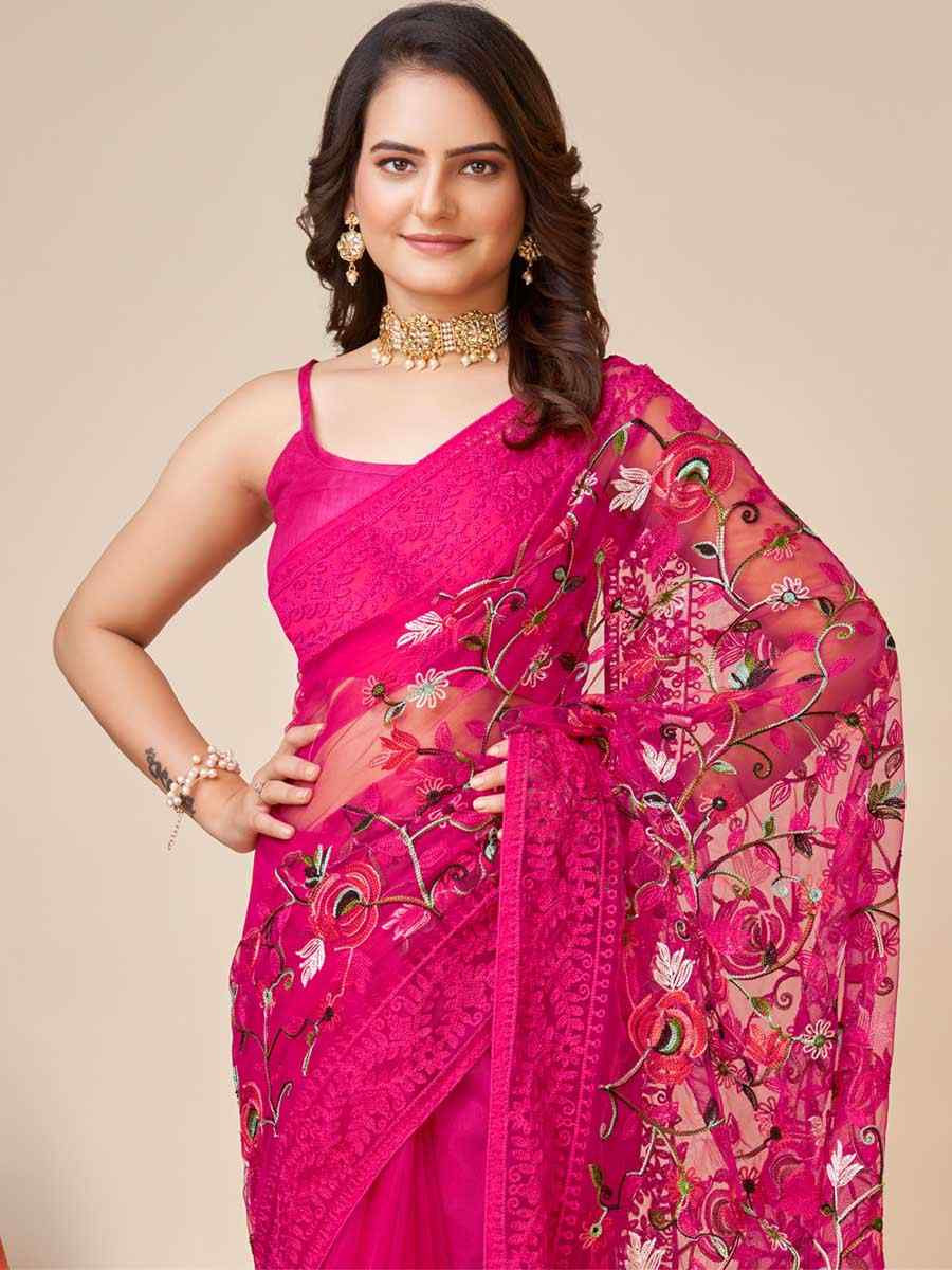 Pink Soft Net Embroidered Party Festival Heavy Border Saree