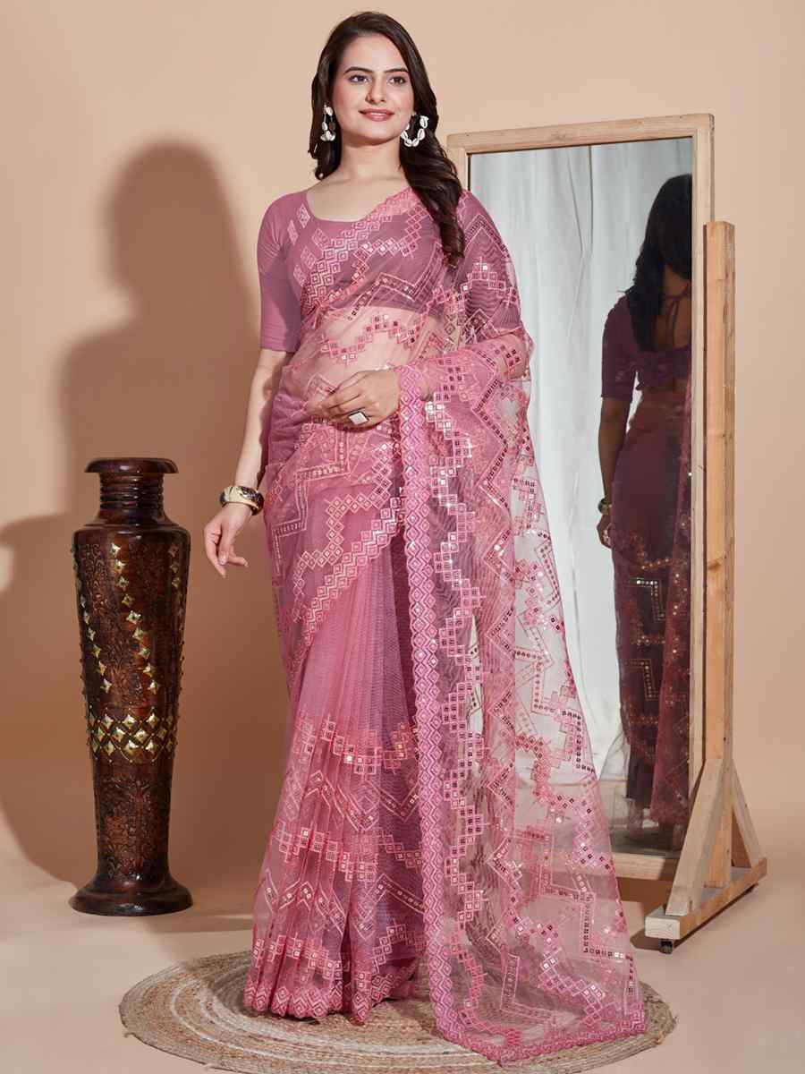 Pink Soft Net Embroidered Party Wedding Classic Style Saree