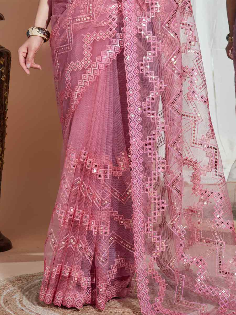 Pink Soft Net Embroidered Party Wedding Classic Style Saree