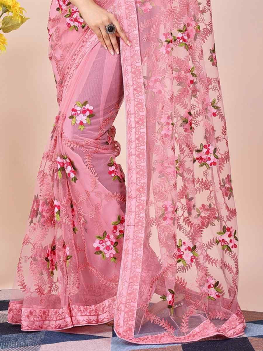 Pink Soft Net Embroidered Party Wedding Heavy Border Saree