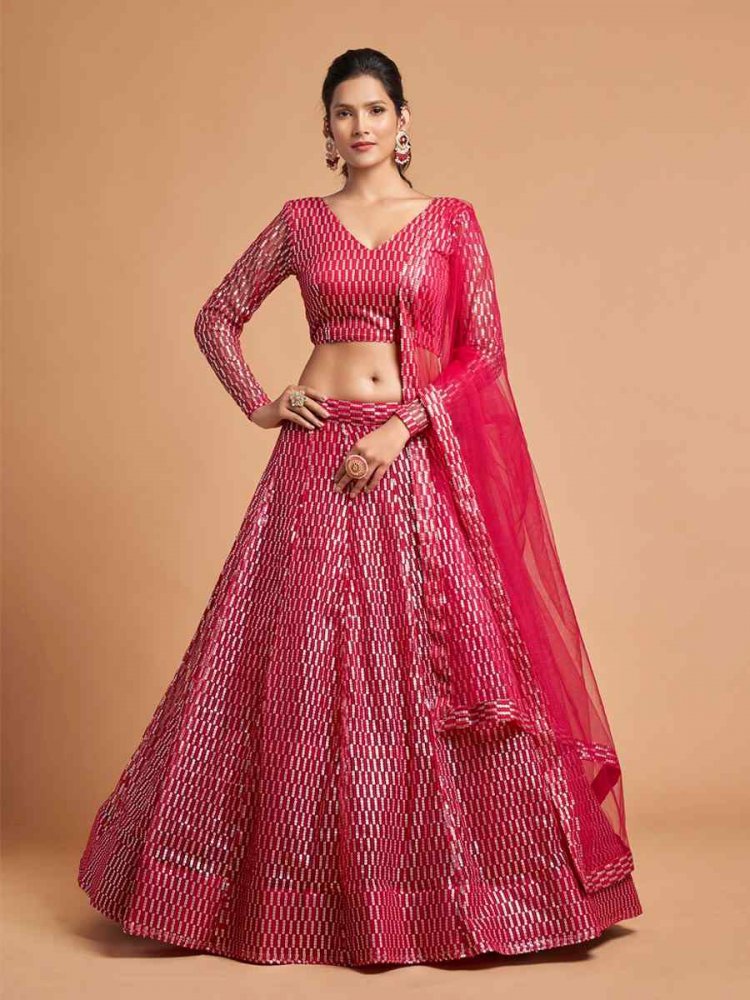 Pink Soft Net Embroidered Sequins Wedding Bridesmaid Circular Lehenga Choli