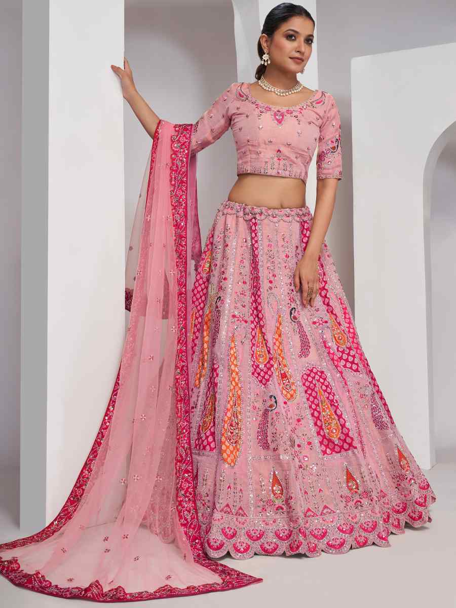 Pink Soft Net Embroidery Bridesmaid Wedding Heavy Border Lehenga Choli