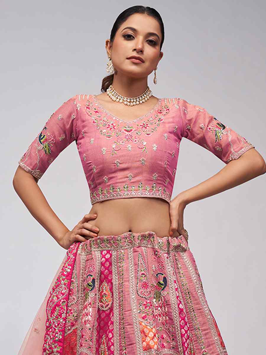 Pink Soft Net Embroidery Bridesmaid Wedding Heavy Border Lehenga Choli