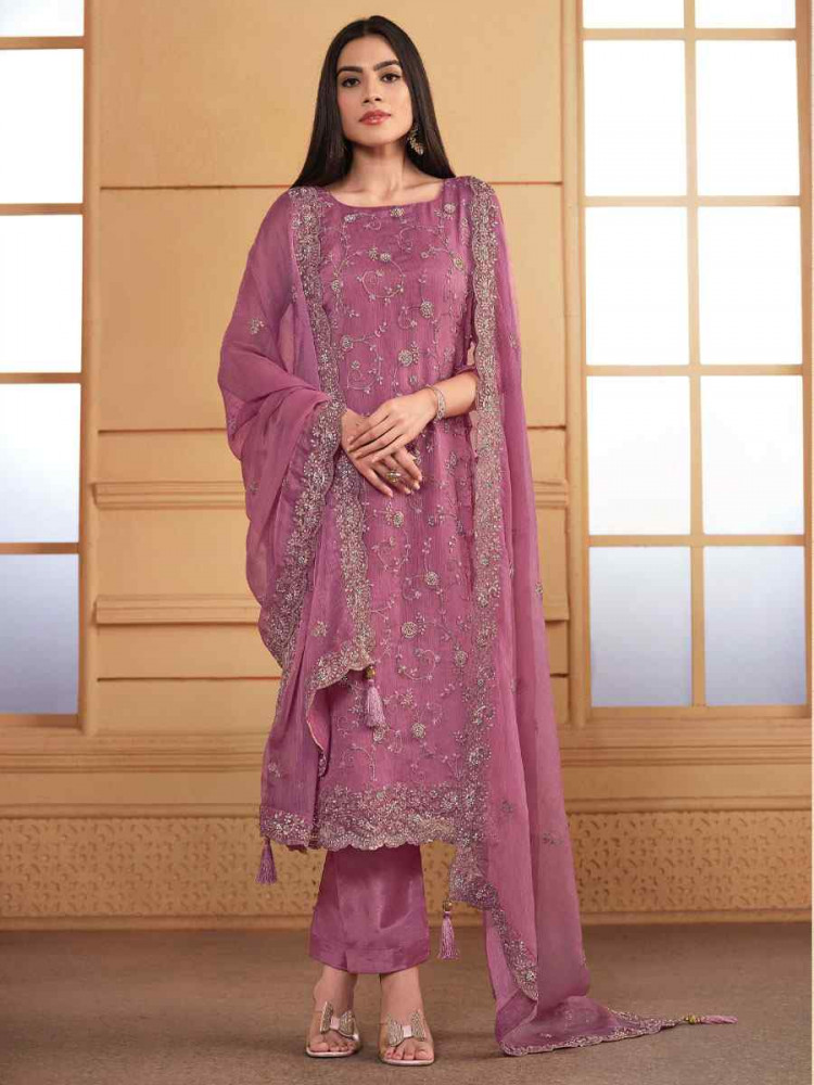 Pink Soft Organza Embroidered Festival Wedding Pant Salwar Kameez