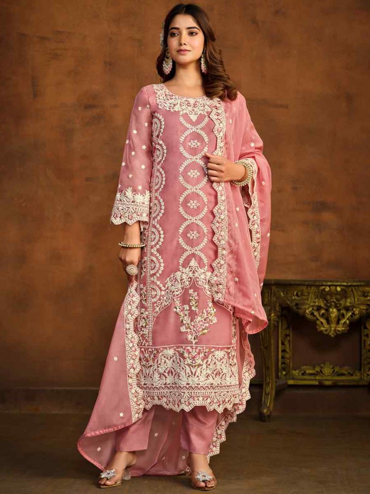 Pink Soft Organza Embroidered Festival Wedding Pant Salwar Kameez