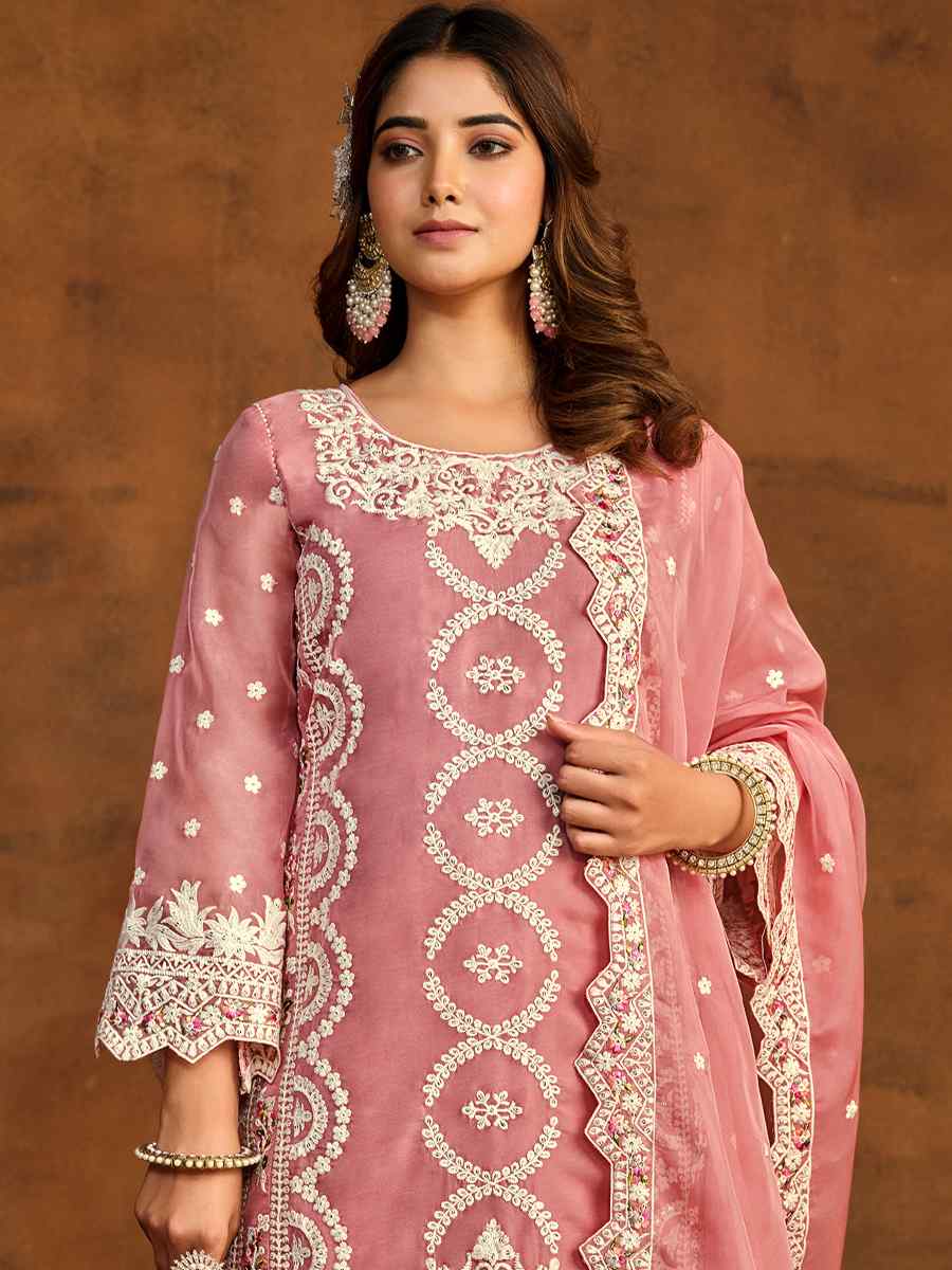 Pink Soft Organza Embroidered Festival Wedding Pant Salwar Kameez