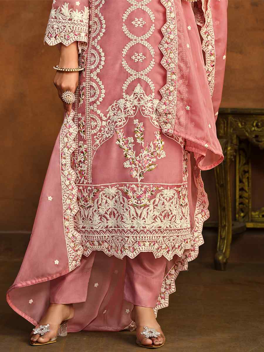 Pink Soft Organza Embroidered Festival Wedding Pant Salwar Kameez