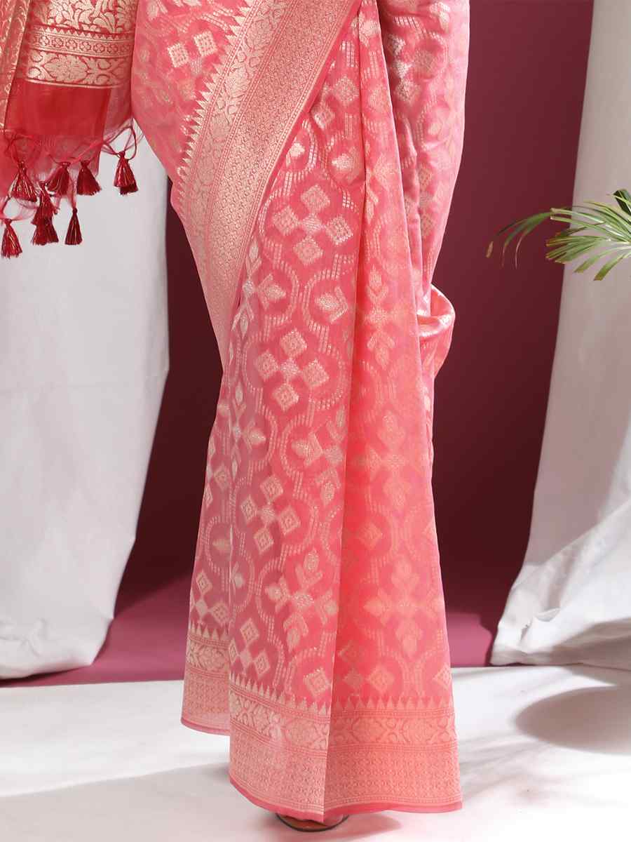 Pink Soft Organza Silk Handwoven Wedding Festival Heavy Border Saree