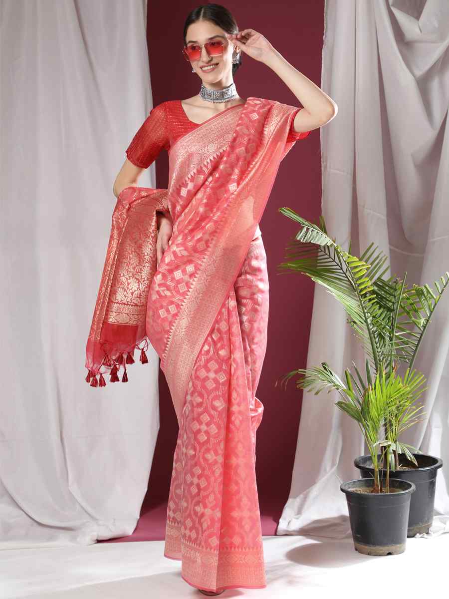 Pink Soft Organza Silk Handwoven Wedding Festival Heavy Border Saree
