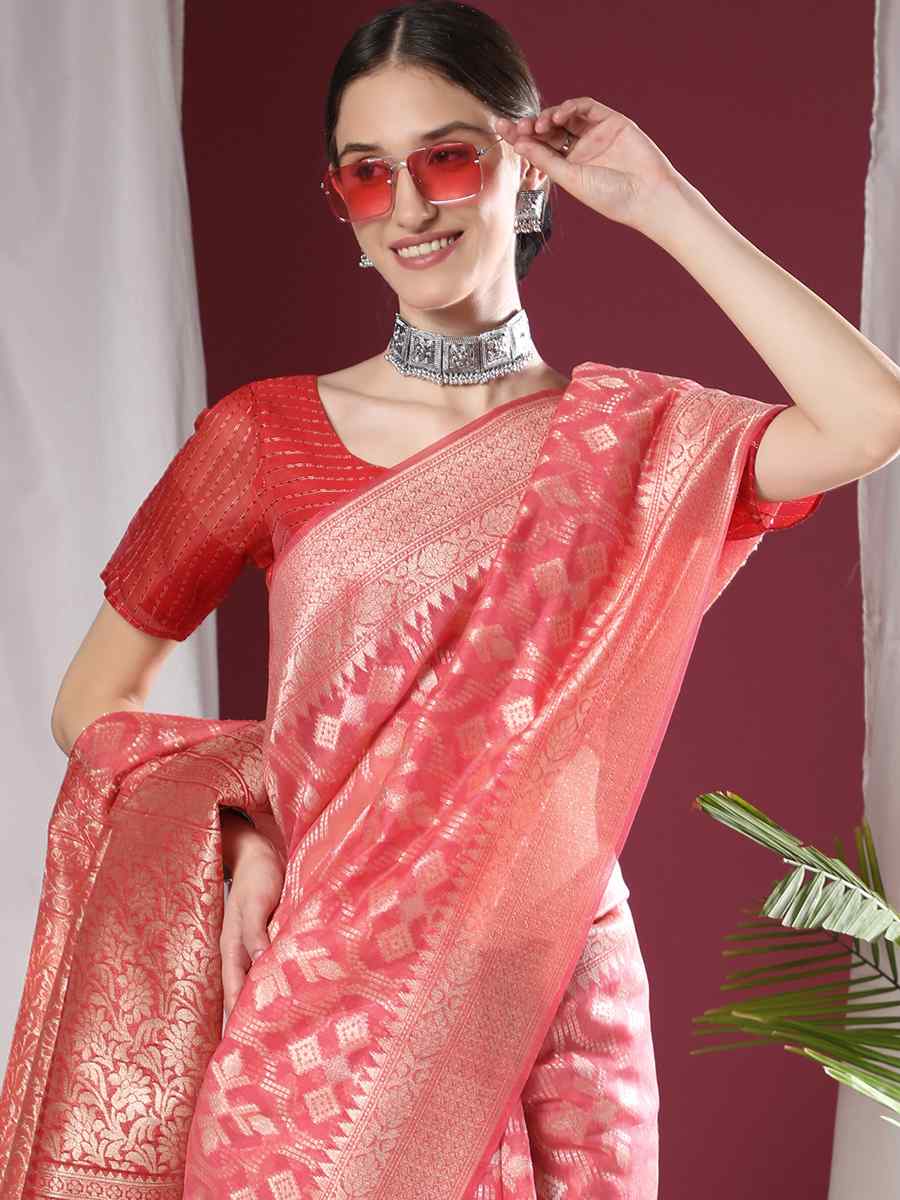 Pink Soft Organza Silk Handwoven Wedding Festival Heavy Border Saree