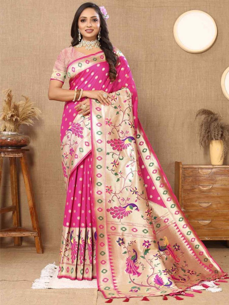 Pink Soft Paithani Silk Handwoven Wedding Festival Heavy Border Saree