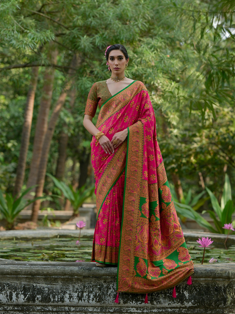 Image of Pink Soft Pashmina Silk Zari Handwoven Casual Reception Festival Wedding Fancy Classic Heavy Border Sarees