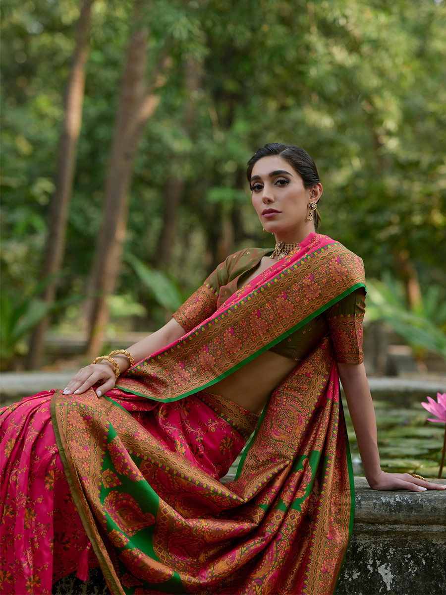 Pink Soft Pashmina Silk Zari Handwoven Casual Reception Festival Wedding Fancy Classic Heavy Border Sarees