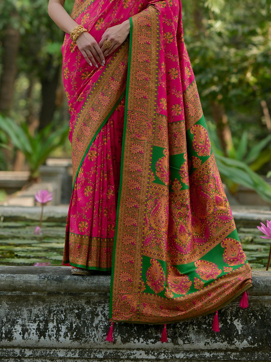 Pink Soft Pashmina Silk Zari Handwoven Casual Reception Festival Wedding Fancy Classic Heavy Border Sarees