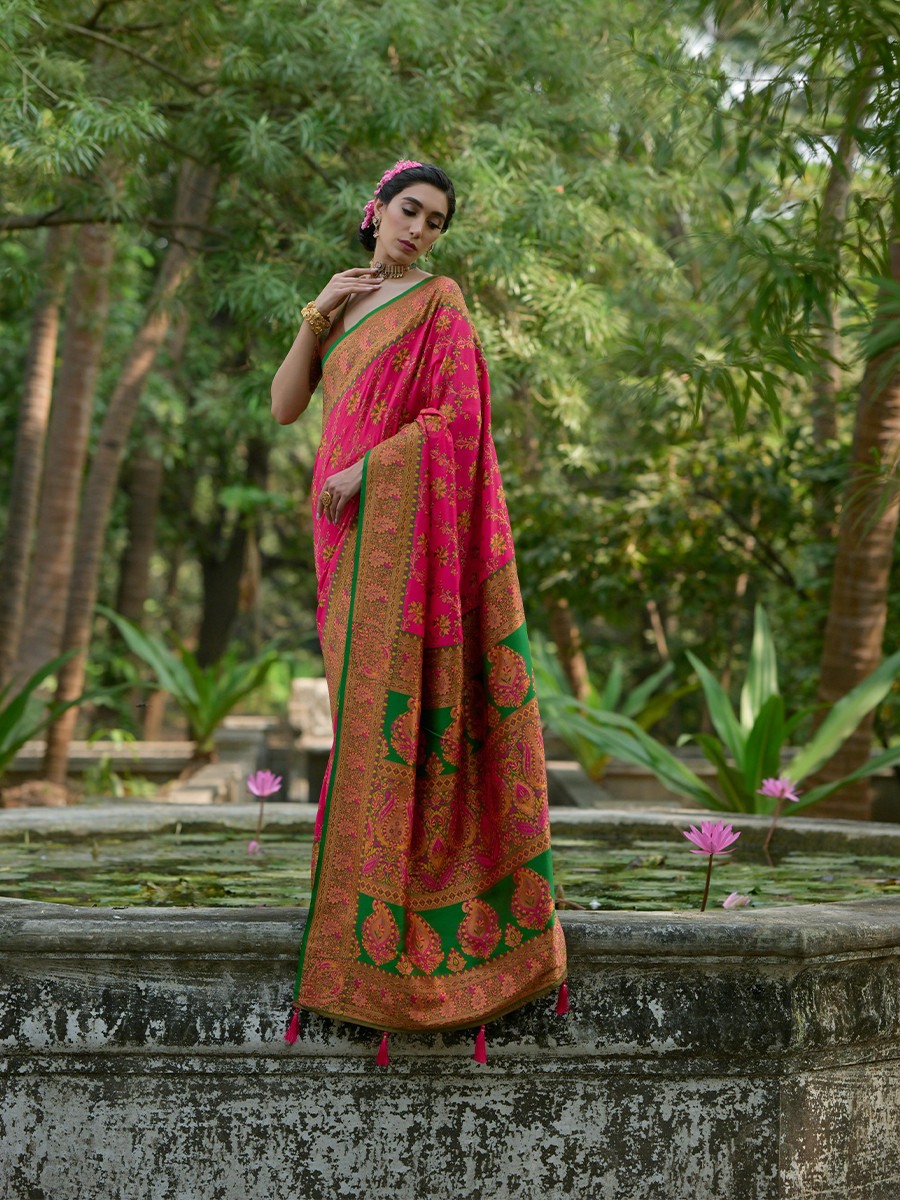 Pink Soft Pashmina Silk Zari Handwoven Casual Reception Festival Wedding Fancy Classic Heavy Border Sarees