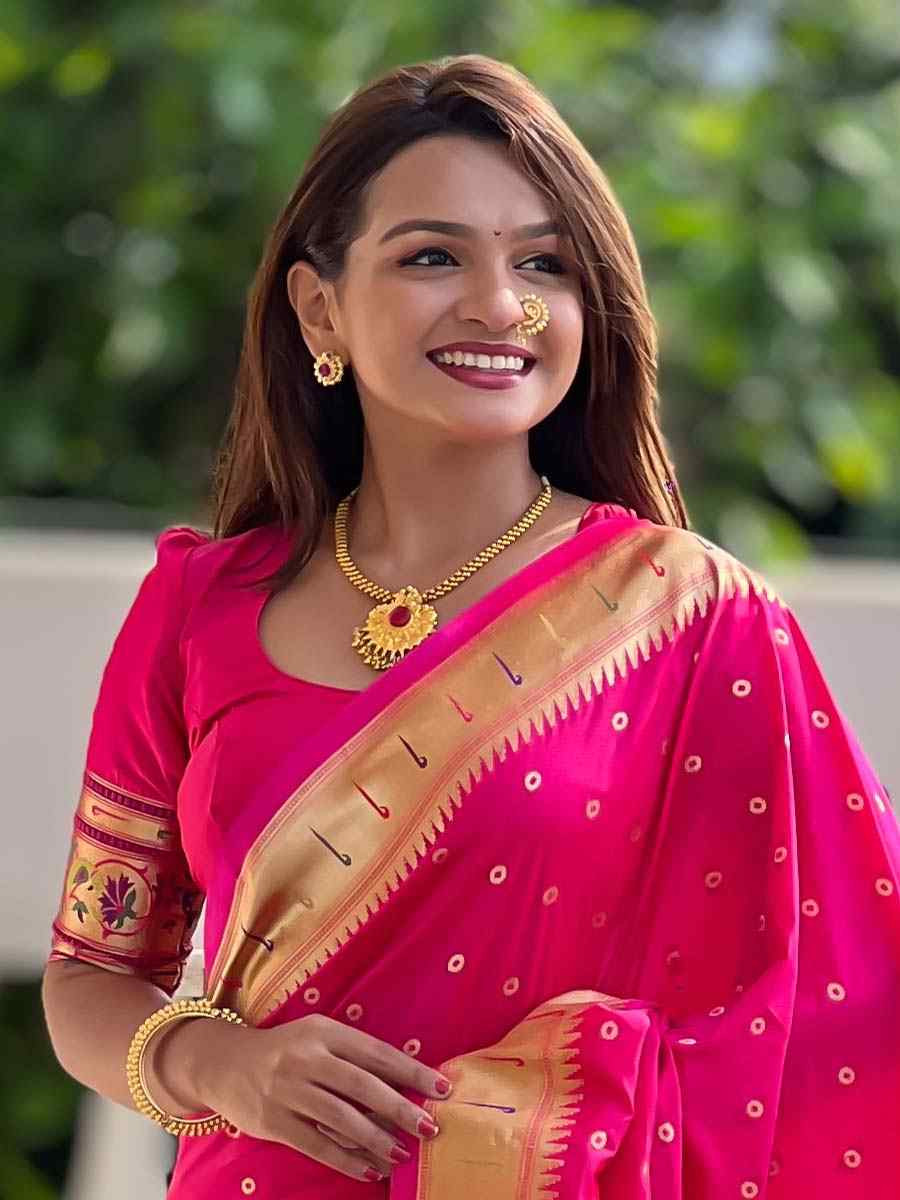 Pink Soft Pathani Silk Handwoven Festival Wedding Fancy Heavy Border Saree