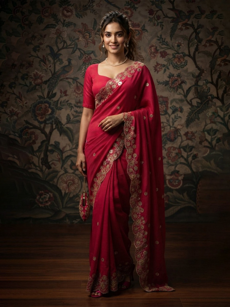 Image of Pink Soft Satin Chiffon Embroidery Wedding Reception Party Festival Casual Heavy Border Sarees