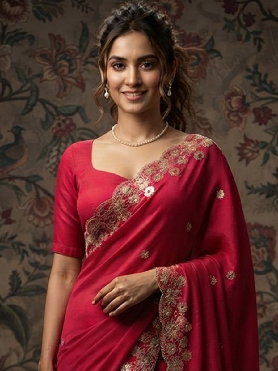 Pink Soft Satin Chiffon Embroidery Wedding Reception Party Festival Casual Heavy Border Sarees