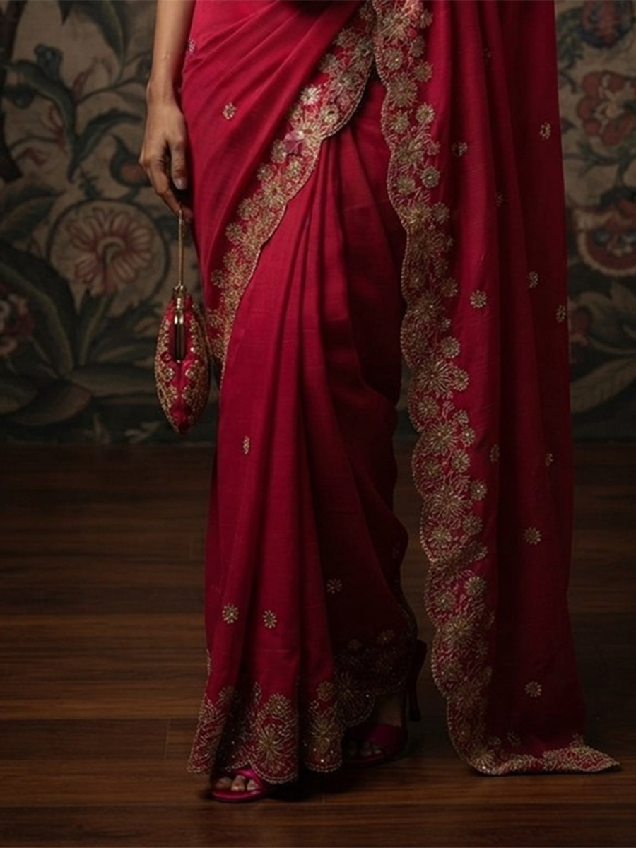 Pink Soft Satin Chiffon Embroidery Wedding Reception Party Festival Casual Heavy Border Sarees