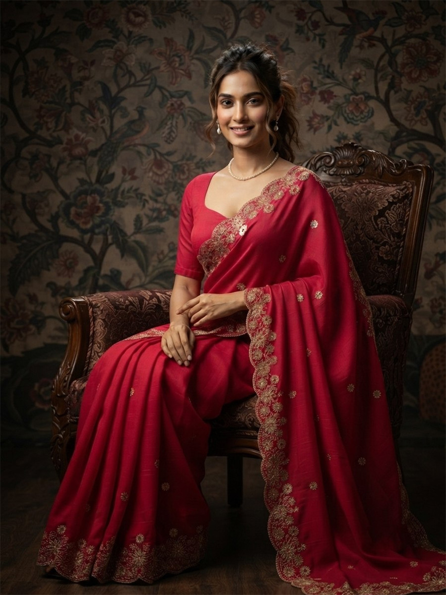 Pink Soft Satin Chiffon Embroidery Wedding Reception Party Festival Casual Heavy Border Sarees