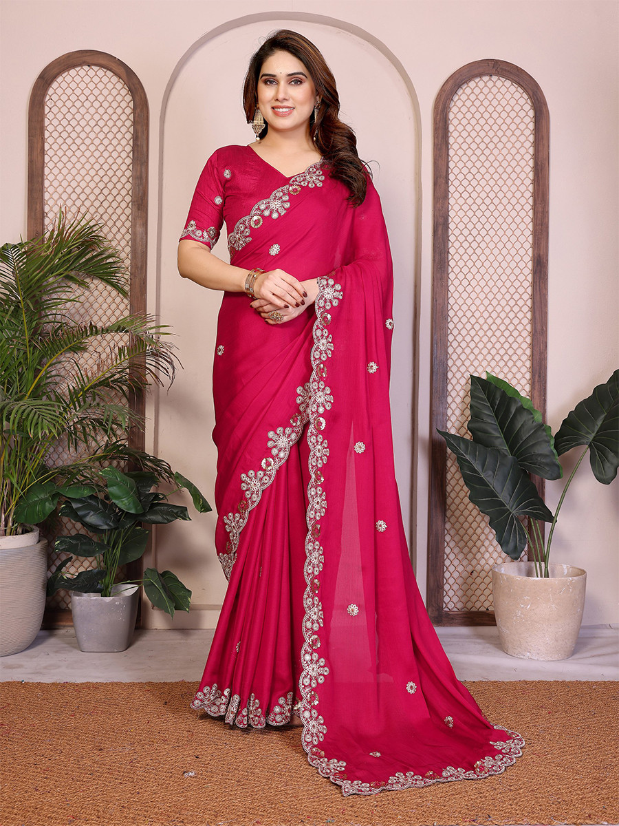 Pink Soft Satin Chiffon Embroidery Zari Sequins Wedding Festival Party Wear Heavy Border Sarees