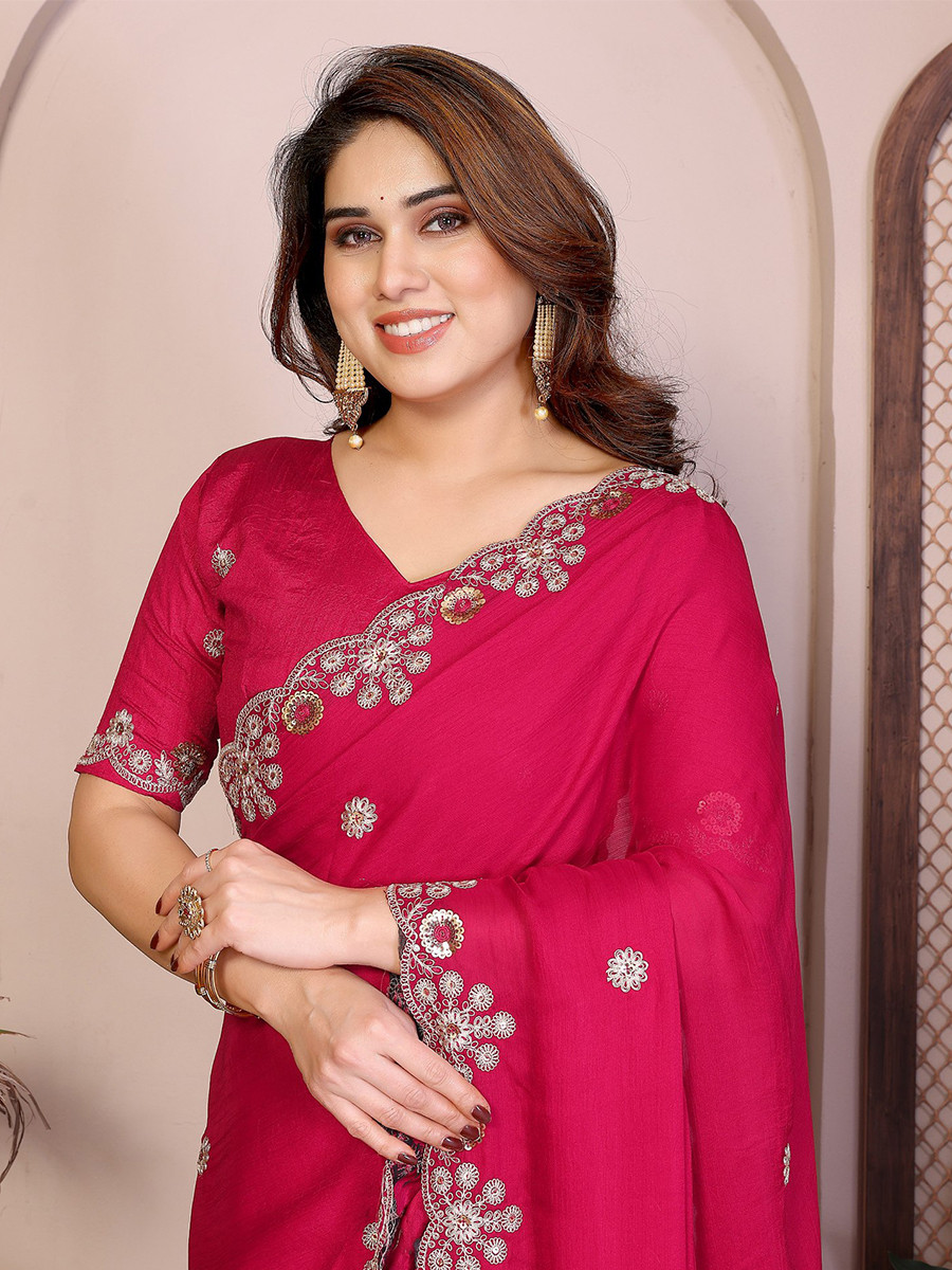 Pink Soft Satin Chiffon Embroidery Zari Sequins Wedding Festival Party Wear Heavy Border Sarees