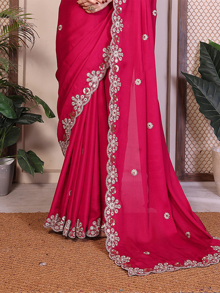 Pink Soft Satin Chiffon Embroidery Zari Sequins Wedding Festival Party Wear Heavy Border Sarees