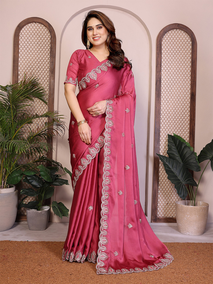 Pink Soft Satin Chiffon Embroidery Zari Sequins Wedding Festival Party Wear Heavy Border Sarees