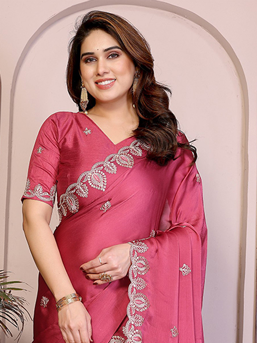 Pink Soft Satin Chiffon Embroidery Zari Sequins Wedding Festival Party Wear Heavy Border Sarees