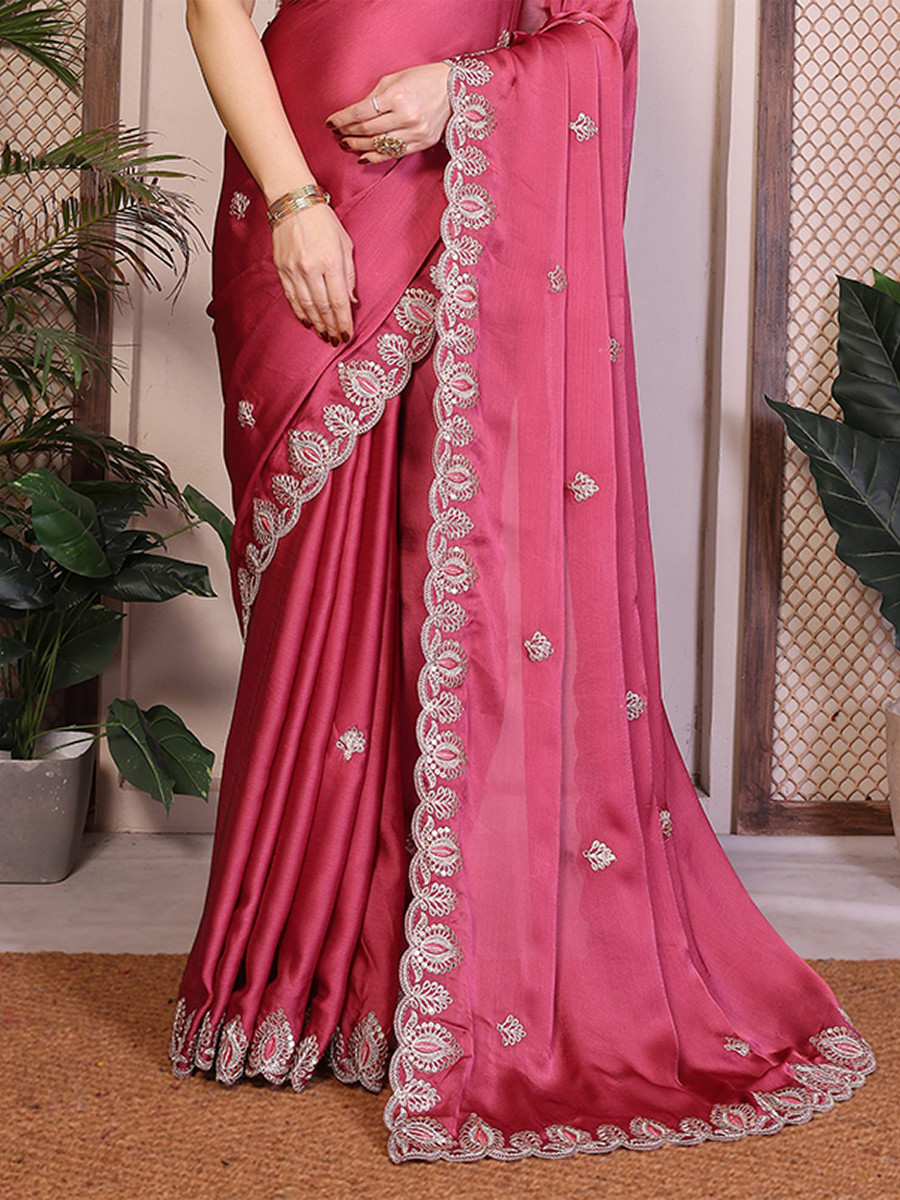Pink Soft Satin Chiffon Embroidery Zari Sequins Wedding Festival Party Wear Heavy Border Sarees