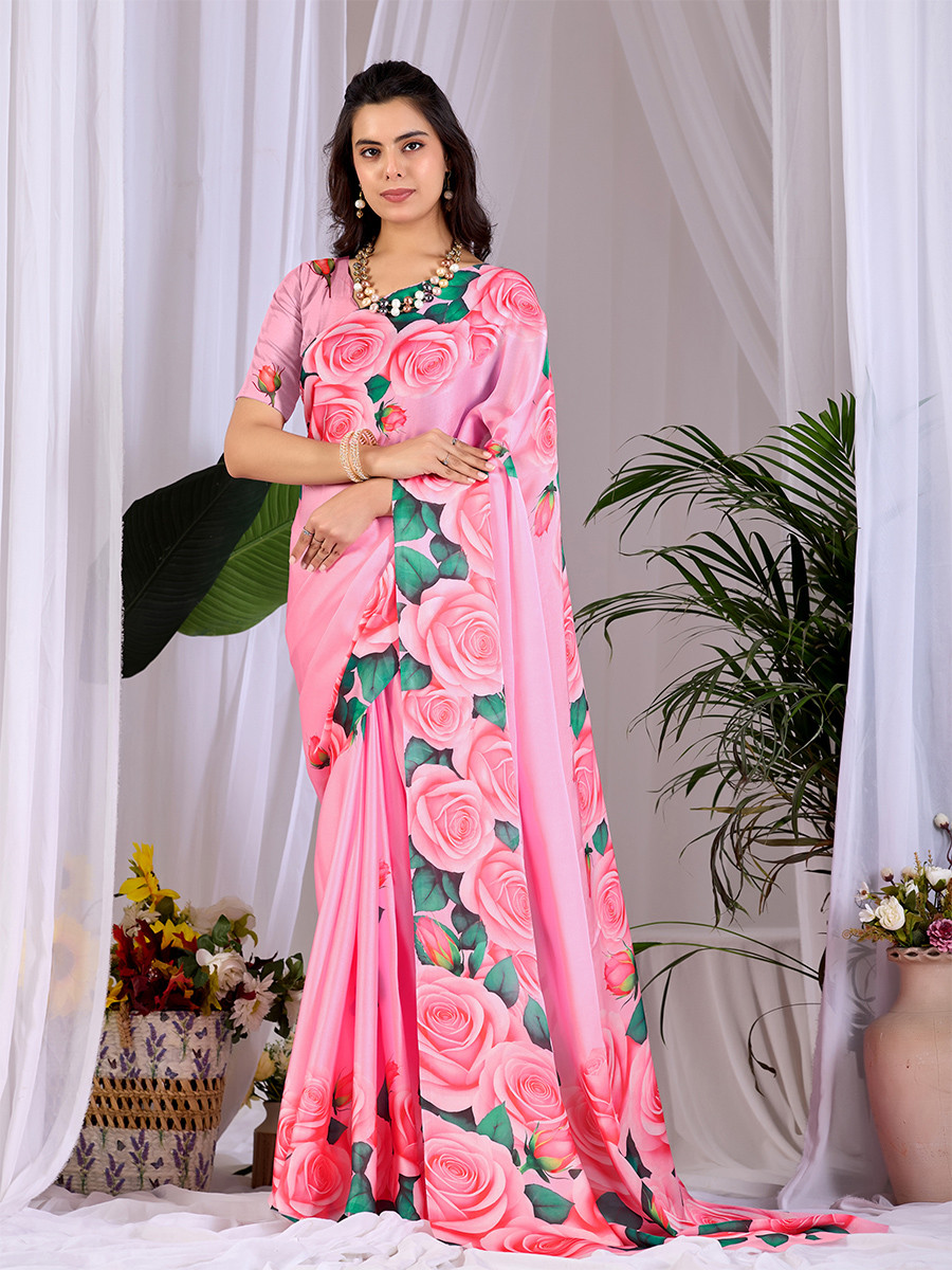 Pink Soft Satin Georgette Printed Wedding Reception Party Festival Casual Heavy Border Sarees