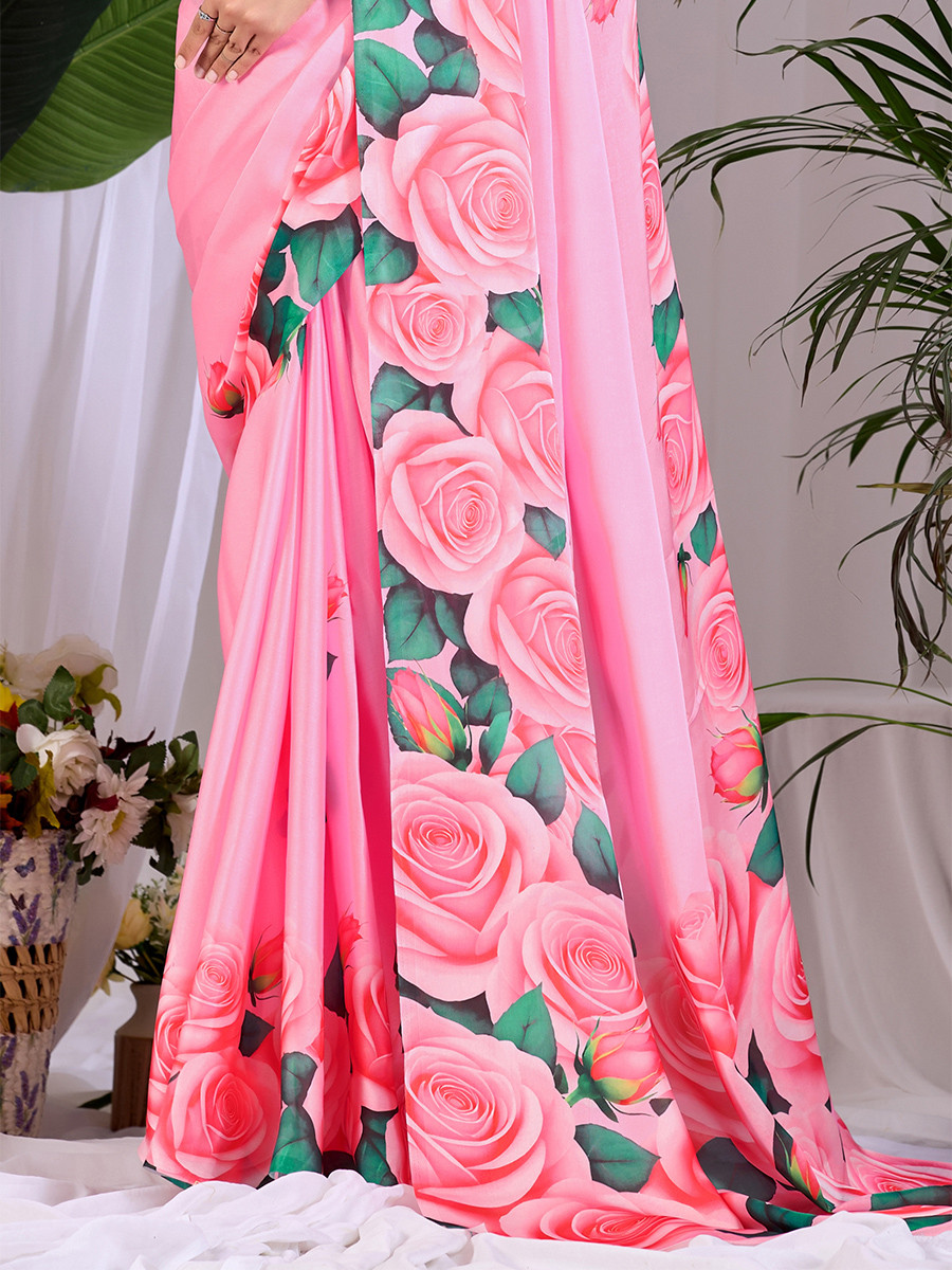 Pink Soft Satin Georgette Printed Wedding Reception Party Festival Casual Heavy Border Sarees