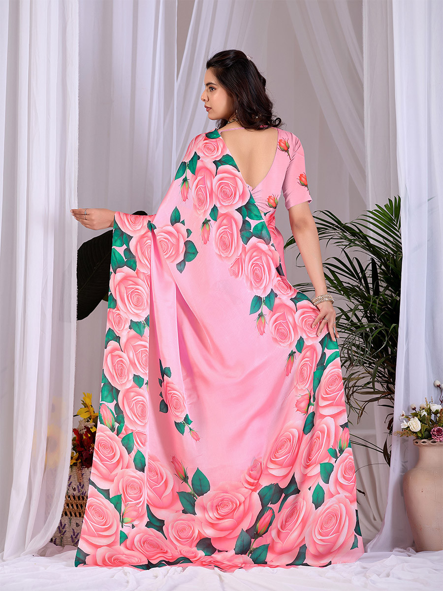Pink Soft Satin Georgette Printed Wedding Reception Party Festival Casual Heavy Border Sarees