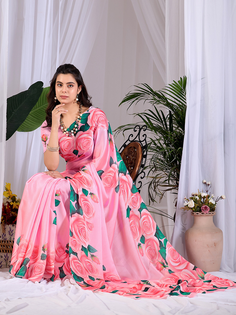 Pink Soft Satin Georgette Printed Wedding Reception Party Festival Casual Heavy Border Sarees