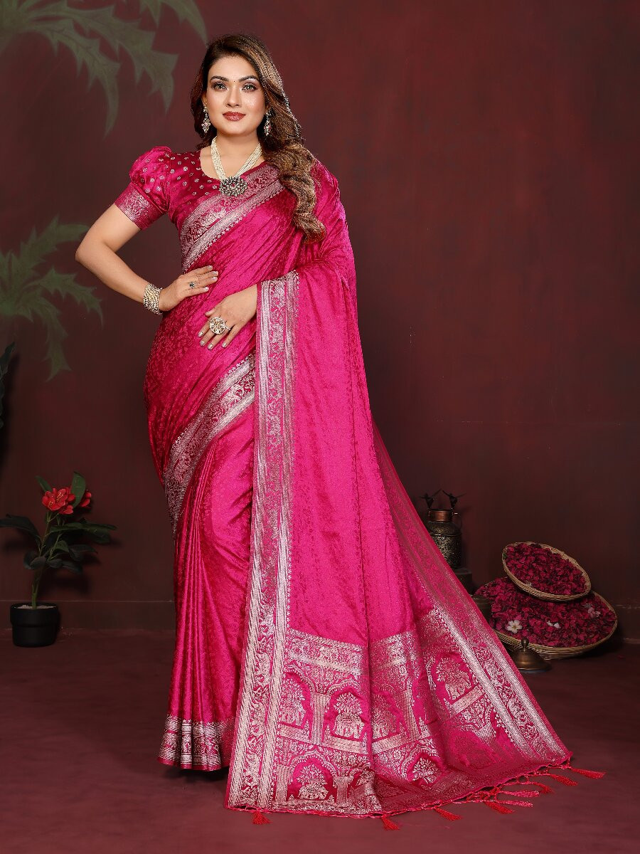 Pink Soft Satin Silk Zari Kanjivaram Wedding Reception Party Festival Heavy Border Sarees