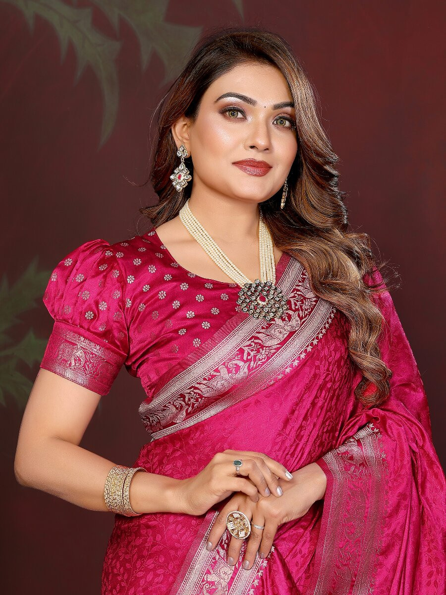 Pink Soft Satin Silk Zari Kanjivaram Wedding Reception Party Festival Heavy Border Sarees