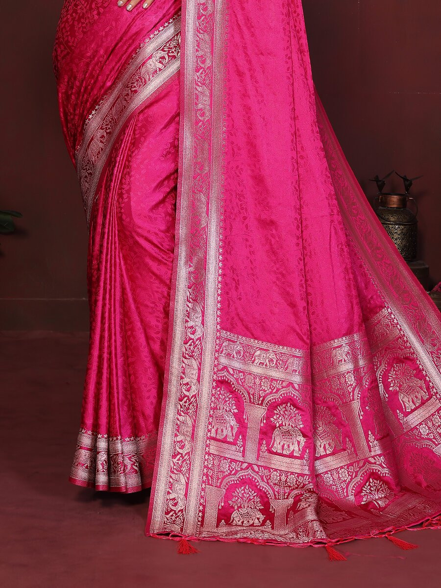 Pink Soft Satin Silk Zari Kanjivaram Wedding Reception Party Festival Heavy Border Sarees