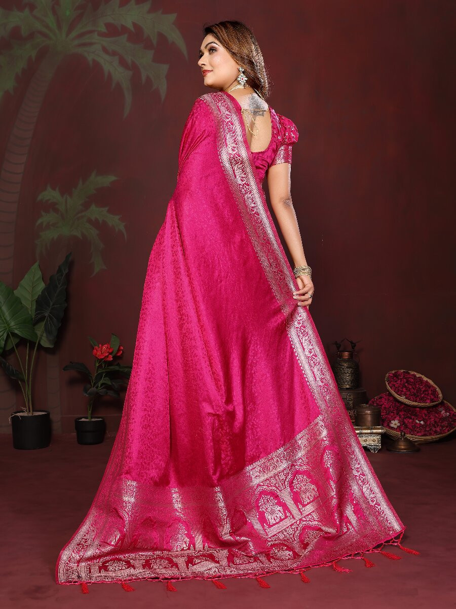 Pink Soft Satin Silk Zari Kanjivaram Wedding Reception Party Festival Heavy Border Sarees