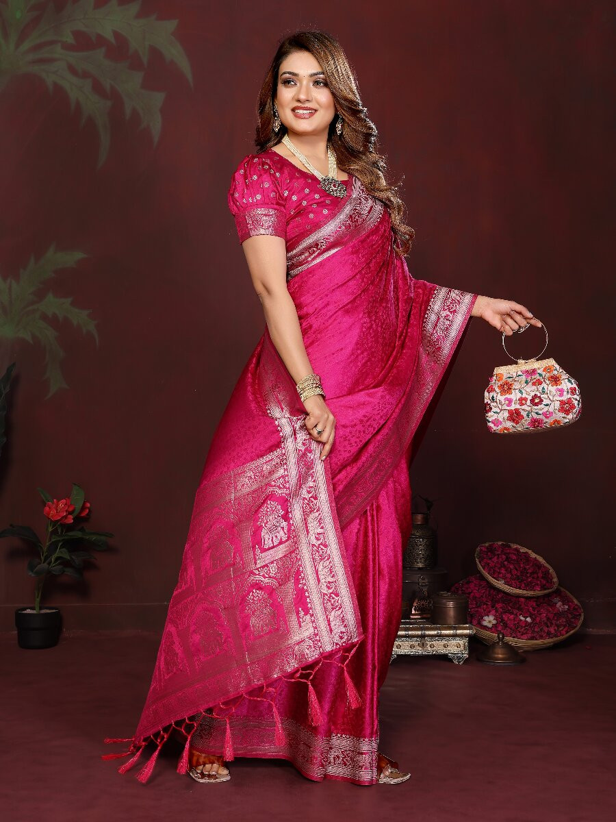 Pink Soft Satin Silk Zari Kanjivaram Wedding Reception Party Festival Heavy Border Sarees