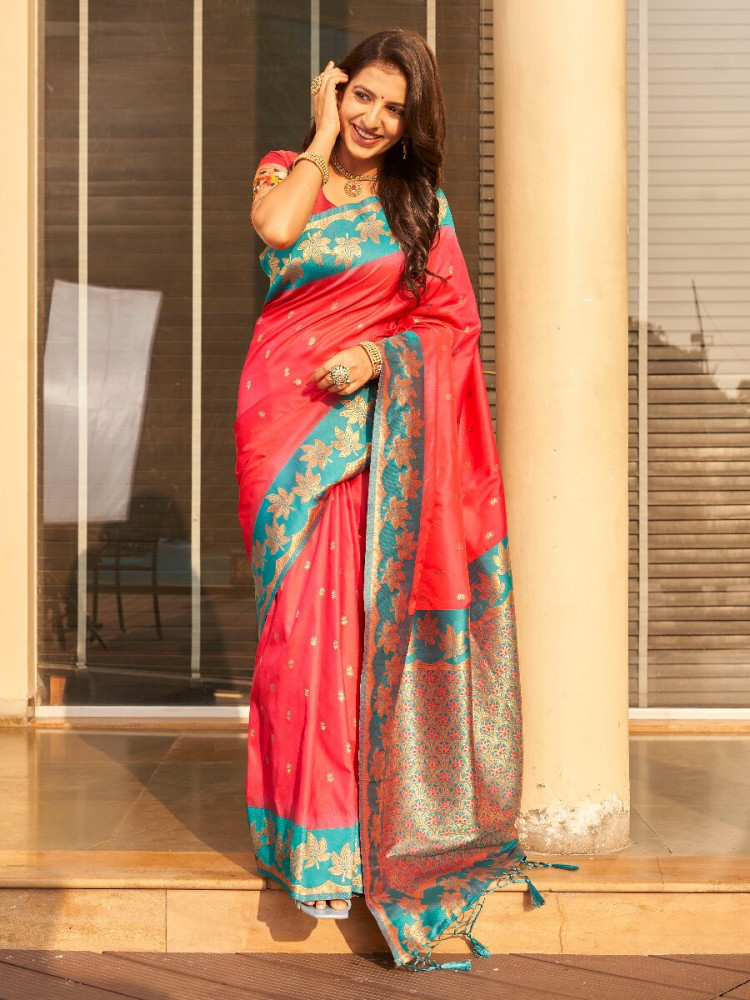 Image of Pink Soft Silk Banarasi Zari Weaves Meenakari Work Wedding Reception Party Festival Casual Heavy Border Sarees